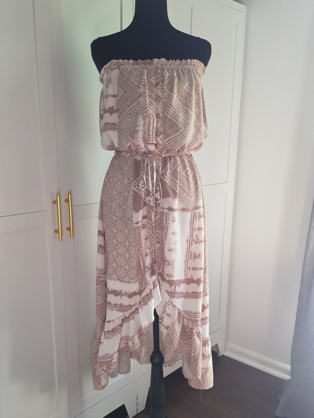 blue island Strapless Boho Maxi Dress in Cream and Brown